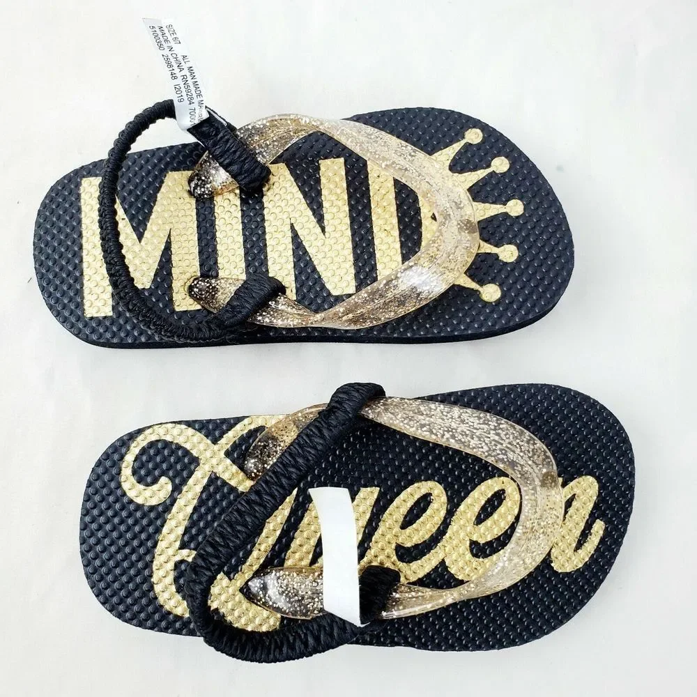 Children's Place Baby Mini Queen Flip Flop Sandals‎ Black Gold Size 6/7